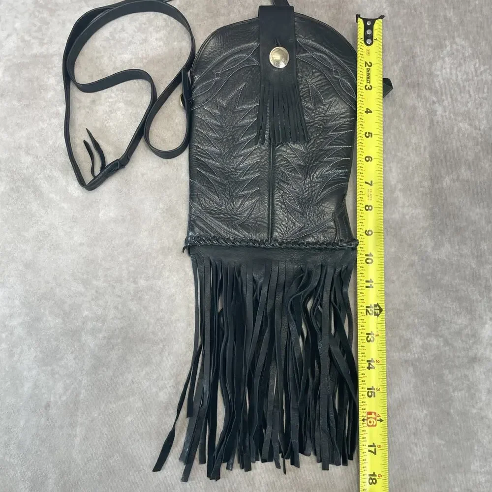 Vtg Black Leather Western Boot Fringe Crossbody Purse Indian Coin Blue Stitching